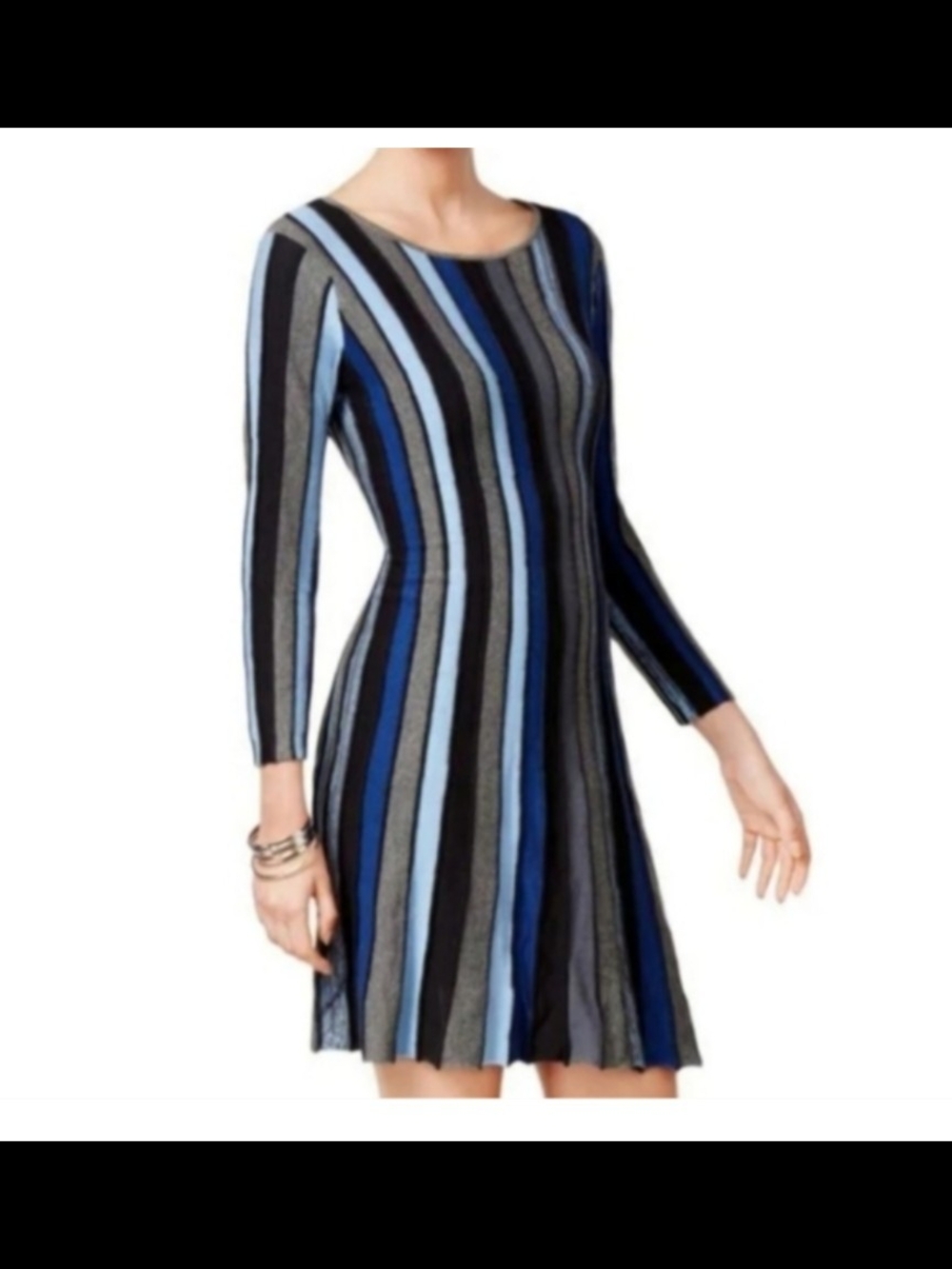 ECI Colorblock Striped A-Line Pleated Knit Sweater Dress Gray Blue Size M